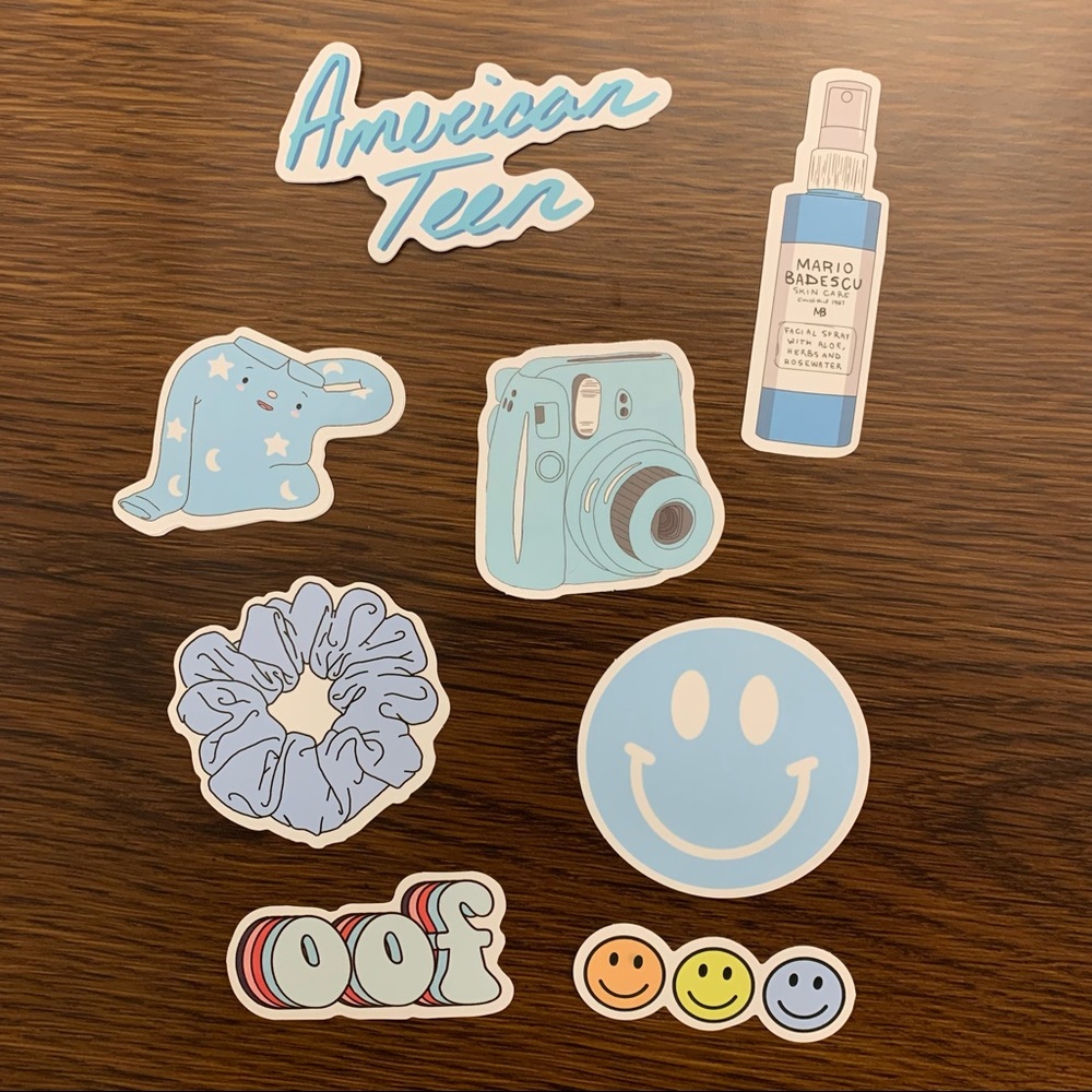 NWOT VSCO Style Blue Stickers // American Teen, Mario Badescu Spray, Scrunchie,
